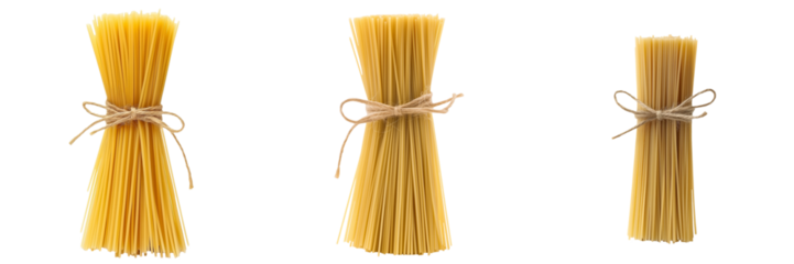 A bundle of uncooked spaghetti pasta neatly tied with twine, isolated on a transparent background