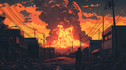 A deserted city that has been evacuated due to being covered in volcanic ash from a major eruption near the city, along with a large amount of lava. Ashfall. Illustration