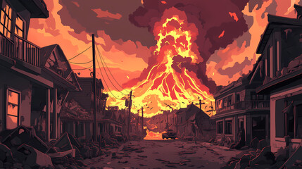 A deserted city that has been evacuated due to being covered in volcanic ash from a major eruption near the city, along with a large amount of lava. Ashfall. Illustration