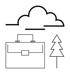 Black line art of a cloud, briefcase, and tree reflecting themes of nature, productivity, and harmony. Ideal for environmental awareness, career growth, minimalist design, sustainability outdoor