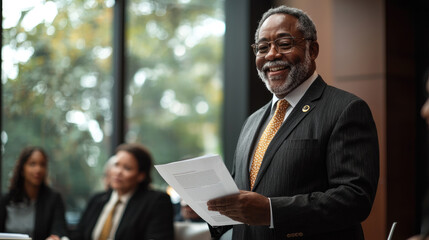 Elderly african man in business suit smiling confidently while holding papers in modern office meeting with diverse colleagues