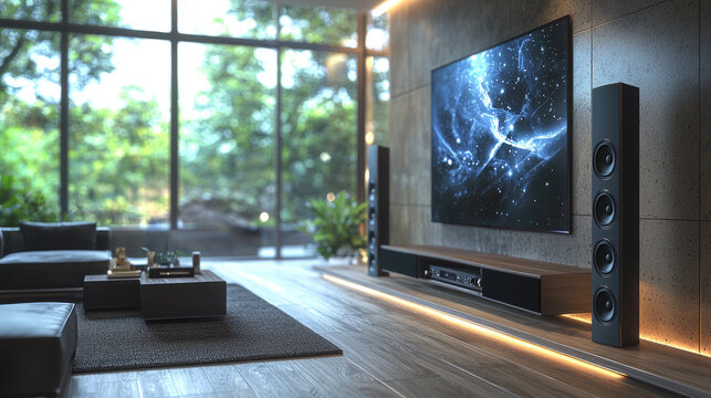 Sleek modern living room with large flat screen tv and surround sound speakers in a bright, sunlit space featuring minimalist design