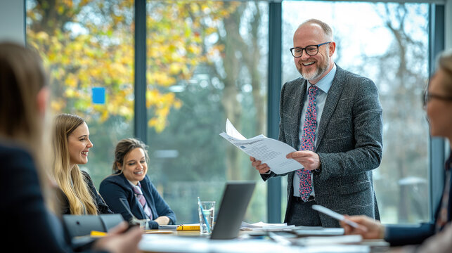 Smiling elderly caucasian businessman leading a corporate meeting with diverse colleagues in modern office setting