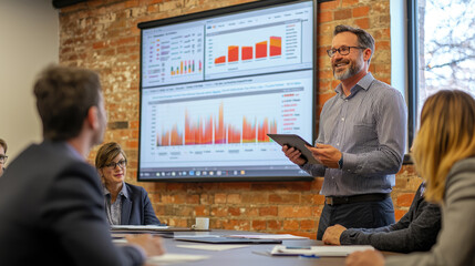 Business meeting with diverse group analyzing graphs on presentation screen for strategic planning and financial growth discussion