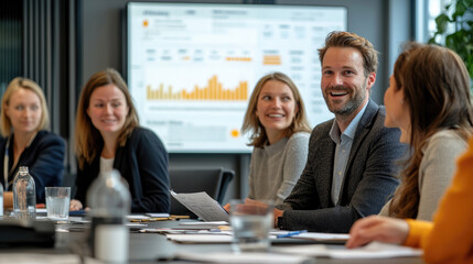 Corporate meeting with diverse group of professionals discussing business strategy and analyzing data in modern office conference room