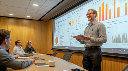 Confident businessman presenting financial data with diverse team in modern conference room, using advanced technology for strategic planning