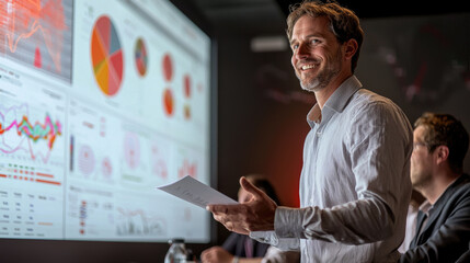 Confident young caucasian man presenting data analytics in modern office meeting with interactive graphs and charts on screen