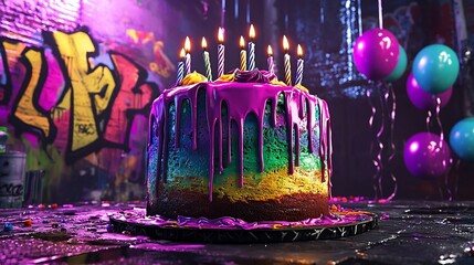 Rainbow birthday cake with candles and balloons in graffiti alley.