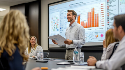 Smiling businessman presents digital financial data report to diverse team in modern conference room with large interactive screen