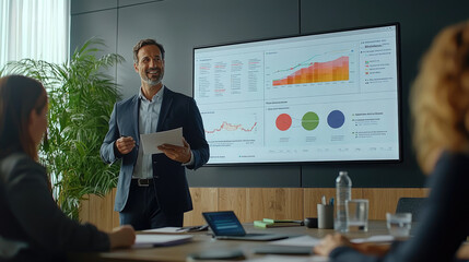 Confident businessman presenting financial growth report with charts in modern office meeting, colleagues engaged, analyzing data