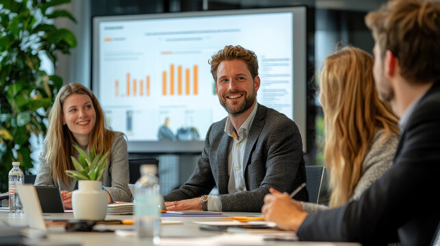 Diverse group of young professionals engaged in a productive business meeting with presentations and discussions in modern office setting