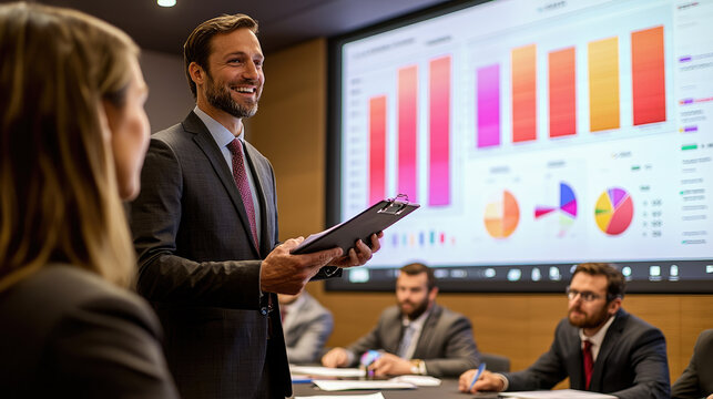 Business meeting presentation with diverse team analyzing charts and graphs in modern conference room for strategic planning