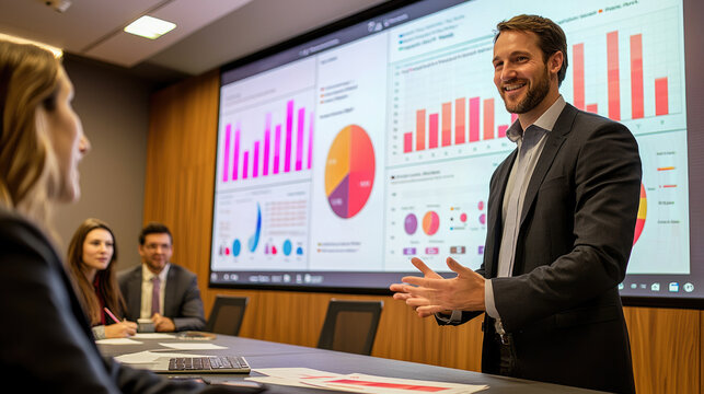 Confident businessman presenting data insights in modern conference room with interactive charts and engaged colleagues