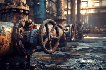 Abandoned factory with rusted pipelines and broken valves