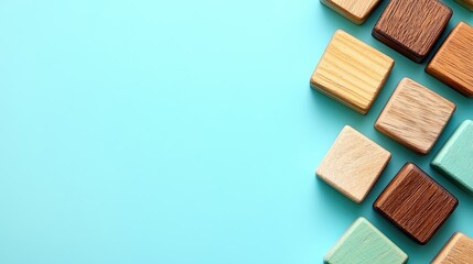 A collection of wooden squares on a pastel background, showcasing texture and color variety.