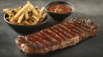 Grilled steaks on a plate with delicious sides served for dinner at a restaurant