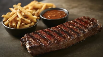 Grilled steaks on a plate with delicious sides served for dinner at a restaurant