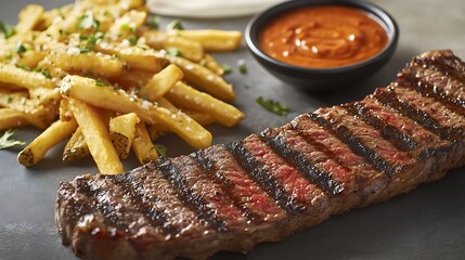 Grilled steaks on a plate with delicious sides served for dinner at a restaurant