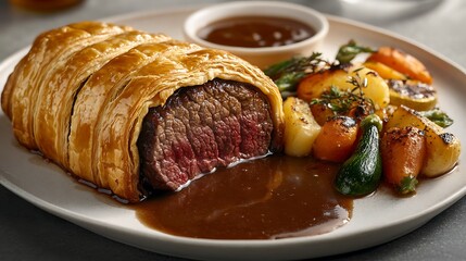 A delicious meal with roast pork, beef, potatoes, and bread served on a white plate, featuring gourmet dishes, salad, and cheese, perfect for breakfast, lunch, or dinner