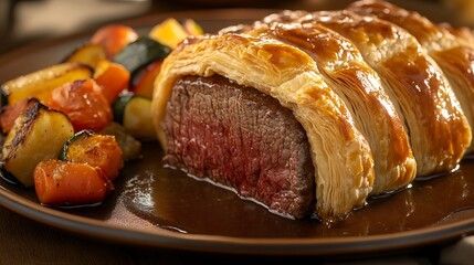 A delicious meal with roast pork, beef, potatoes, and bread served on a white plate, featuring gourmet dishes, salad, and cheese, perfect for breakfast, lunch, or dinner