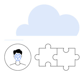 Cloud backdrop, human face with facial recognition grid in circle, two puzzle pieces symbolizing connectivity. Ideal for security, cloud tech, AI, identity, problem-solving, data storage abstract