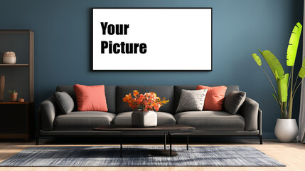 Mock up poster frame decorated livinig room. Modern, authentic Interior design of living room with wooden furnitures. 3D illustration