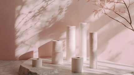 Minimalistic display of paper rolls with soft shadows against a pastel background.