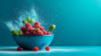 Fresh raspberries topped with powdered sugar and basil in a vibrant blue bowl