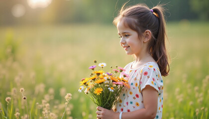 Girl smiling while holding a bouquet of flowers in a field