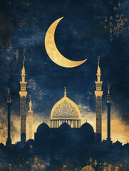 Craft a minimalist, modern Ramadan poster background featuring a sleek silhouette of a mosque, gently illuminated by a golden crescent moon. The sky is a deep midnight blue.