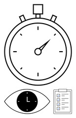 Large stopwatch emphasizes time, eye signifies focus, and checklist represents task management. Ideal for productivity, time management, goal setting, planning, deadlines, efficiency abstract line