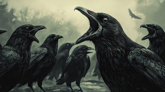 A flock of ravens calls in a misty forest