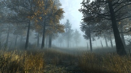 Fototapeta premium Misty autumn forest path.