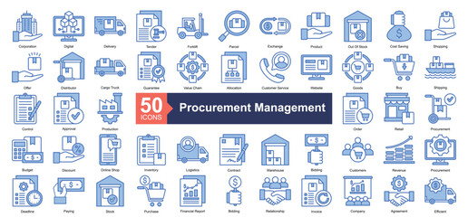 Procurement Management Icon Collection Set.Containing product, shopping, distributor, guarantee, value chain icon. Simple blue style Vector Illustration.