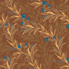 A seamless winding vector pattern with diagonal trailing branch with golden caramel leaves and vibrant blue berries. Perfect for digital designs, textiles, and nature inspired prints.