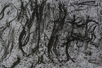 Primitive black strokes. Dark grunge background with coal dynamic textured lines.