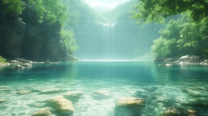 Serene Waterfall Cascading into a Tranquil Forest Pool