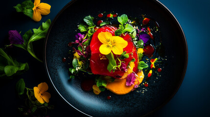 Vibrant gourmet dish decorated with edible flowers on a dark table setting