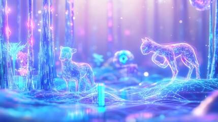 neon cat dog digital forest background - neon and glowing effects