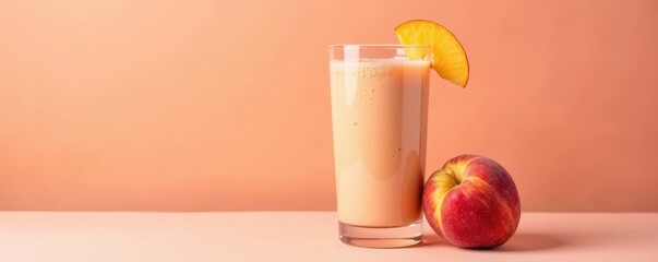 Glass peach smoothie isolated on peach fuzz background, whipped cream, creamy texture, soft focus