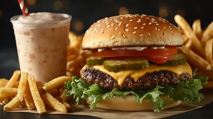 A delicious cheeseburger with fries served on a sesame bun with lettuce, tomato, onion, bacon, and grilled beef, isolated on a white background, perfect for a fast food meal