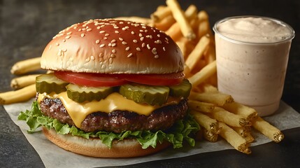 A delicious cheeseburger with fries served on a sesame bun with lettuce, tomato, onion, bacon, and grilled beef, isolated on a white background, perfect for a fast food meal