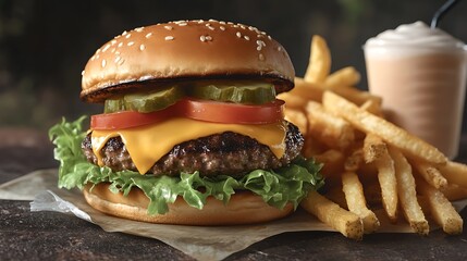 A delicious cheeseburger with fries served on a sesame bun with lettuce, tomato, onion, bacon, and grilled beef, isolated on a white background, perfect for a fast food meal