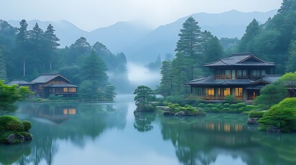 Naklejka premium Serene Japanese Houses Reflecting In Misty Lake Mountains