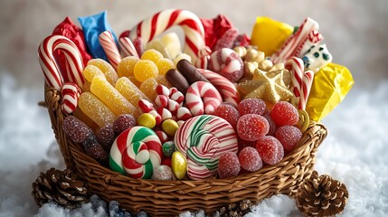 Colorful candy canes and sweets in a basket for celebration and holidays