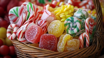 Colorful candy canes and sweets in a basket for celebration and holidays