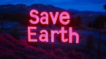 Save Earth: Neon Sign Against Mountain Landscape at Dusk