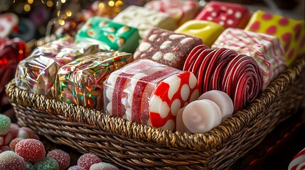 Colorful candy canes and sweets in a basket for celebration and holidays