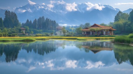 Fototapeta premium Serene Lakeside House with Mountain View