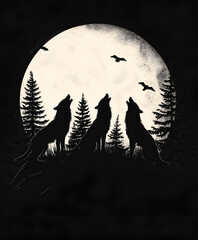 Fototapeta premium Graphic illustration of a silhouette of a wolf pack howling at the moon